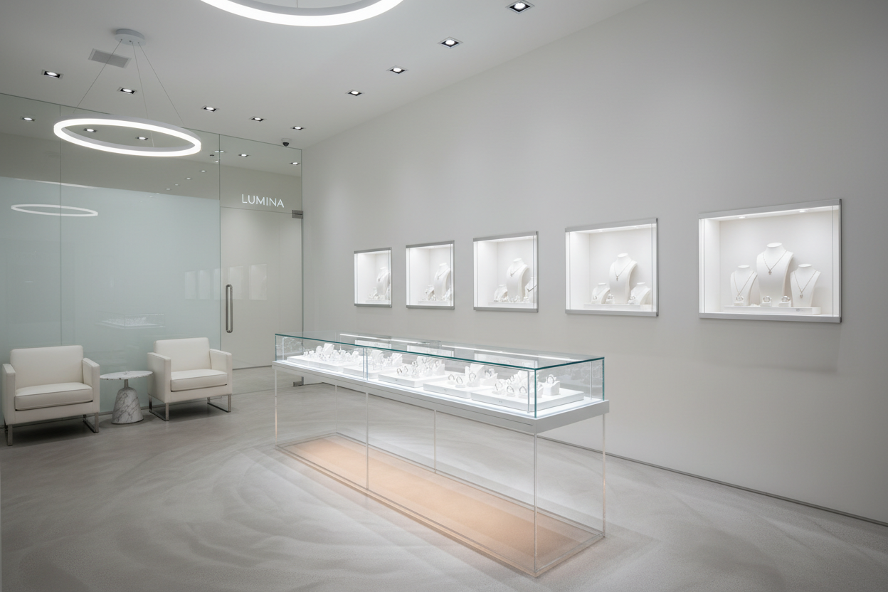 interior of a minimalistic diamond store which has a glass cabinet to show case our product make it realistic as well