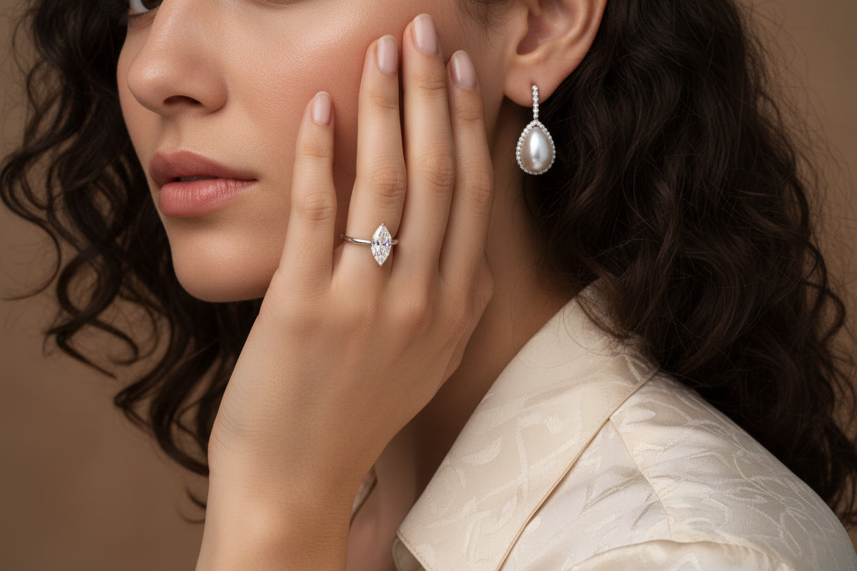 Realistic photoshoot of a women in her mid 20s wearing a earring and a ring in her ring finger the hand which has a ring is kept on her face make sure the ring is visible  