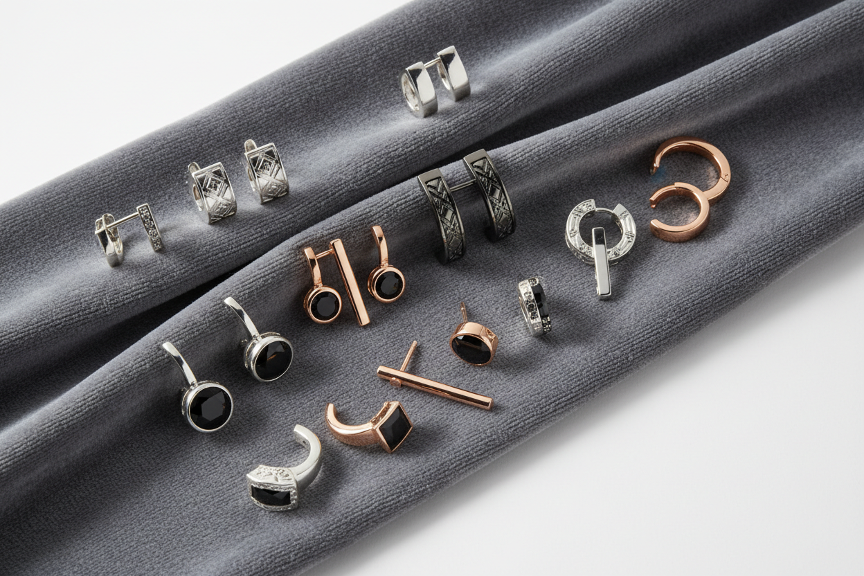 studio style photo shoot of mens earring kept on cloth